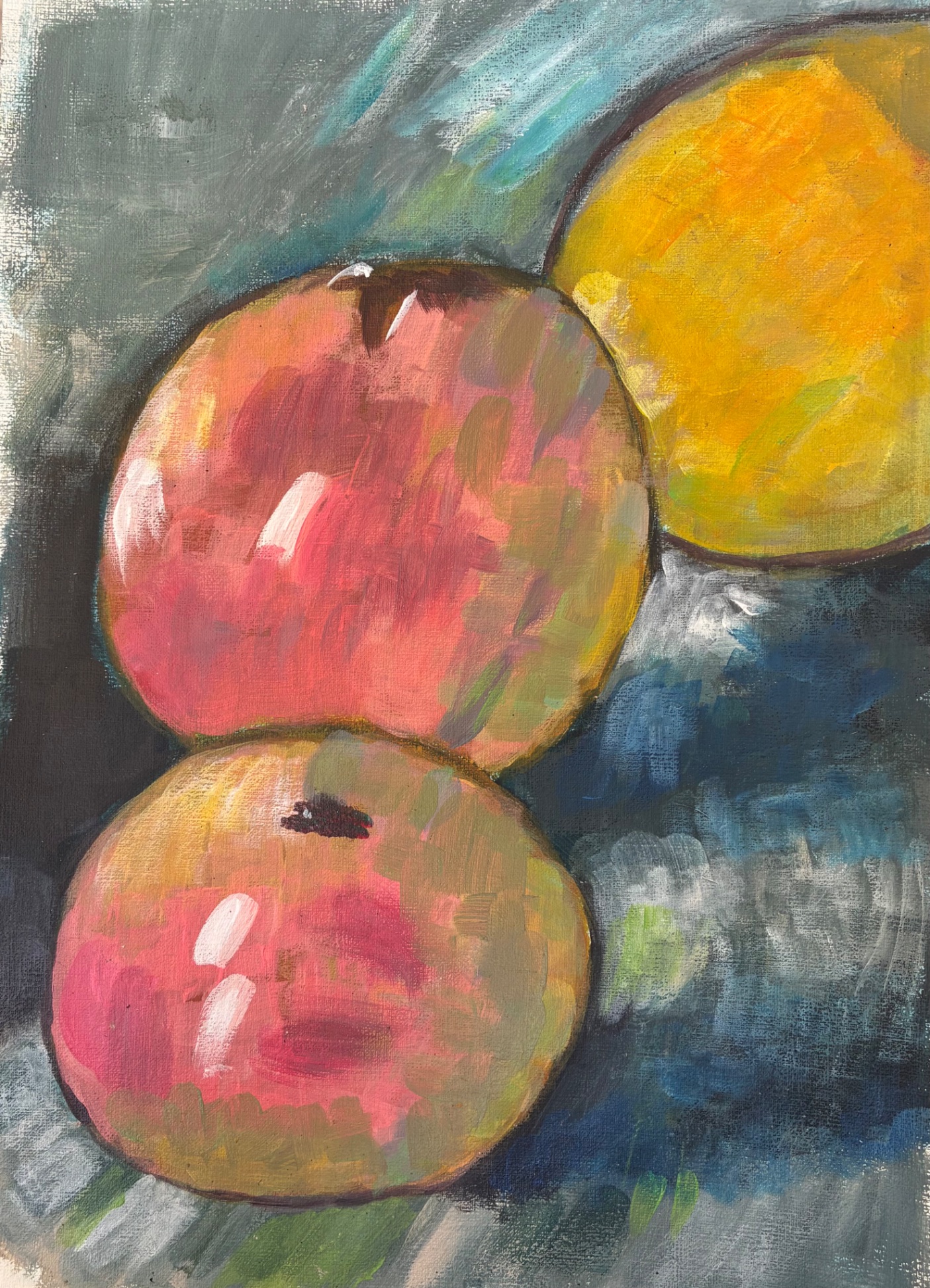 Two and a Half Apples — a nod to Cézanne, Acrylic on Canvas by Kat Mustanow